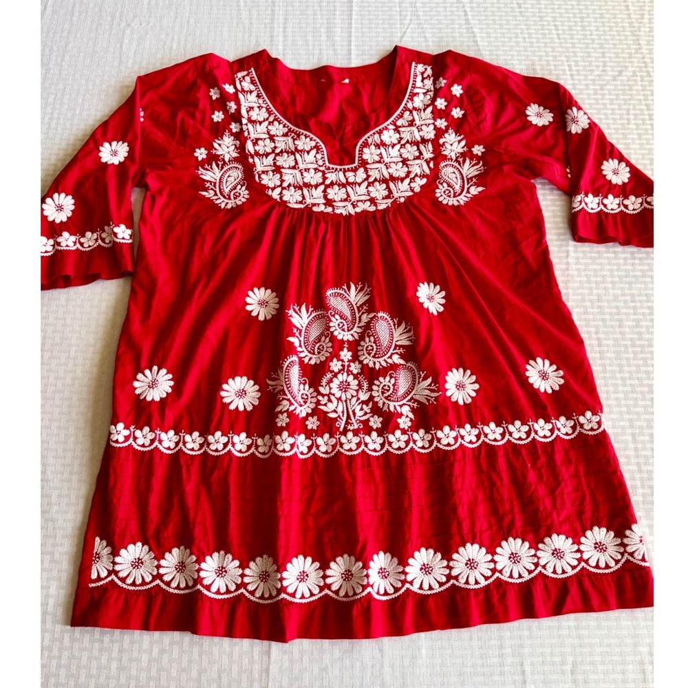 Mexican Embroidered Boho Peasant Tunic Top Red White Floral XL